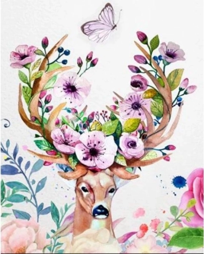 Slikanje prema brojevima na platnu u okviru 40 × 50 cm – jelen s cvjetnim rogovljem