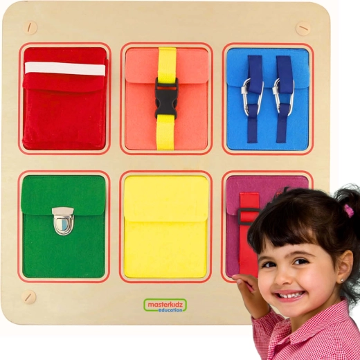 MASTERKIDZ Flex wooden activity board with colorful pockets and fasteners