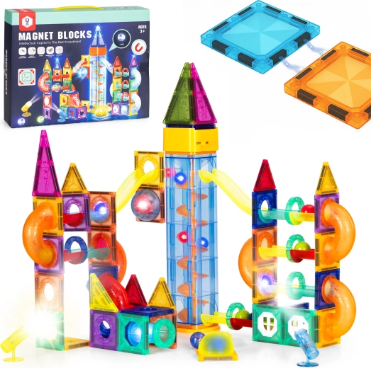 Magnetična svjetleća građevna set s kugličnom stazom, 134 dijela