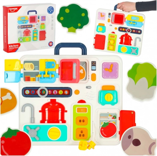 Montessori manipulativna ploča s kuhinjskim elementima i satom za učenje