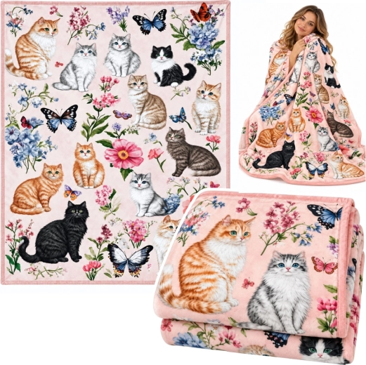 Soft decorative blanket with cats, flowers and butterflies, 150 × 100 cm