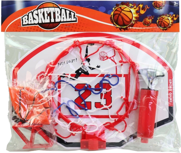 Tricolor basketball hoop with ball and pump