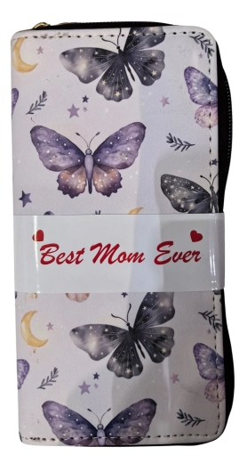 Pink women’s wallet with butterfly and moon motif