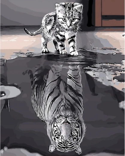 Diamond embroidery (diamond painting) mirror reflection – kitten and tiger - 1 piece