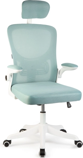 White/blue office swivel chair with armrests