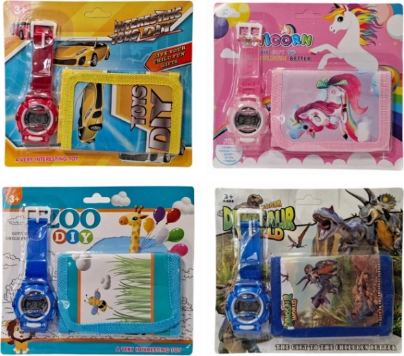 kids' set: wallet and watch with animal, car, and unicorn motifs