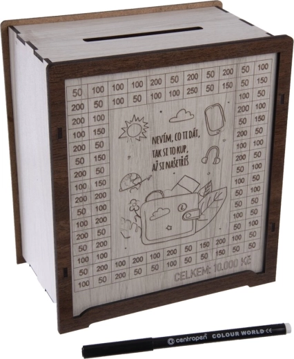 Wooden money box with the inscription “I don’t know…” with marker