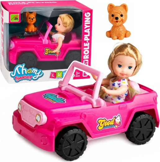 Mini doll in a pink off-road convertible with a dog