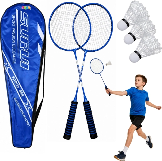 Set za badminton s 2 reketa, 3 loptice i torbom – plavi