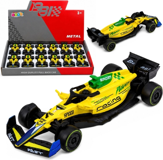 Metalni trkaći bolid formule s povlačnim mehanizmom (pull back) 1:43 žuti