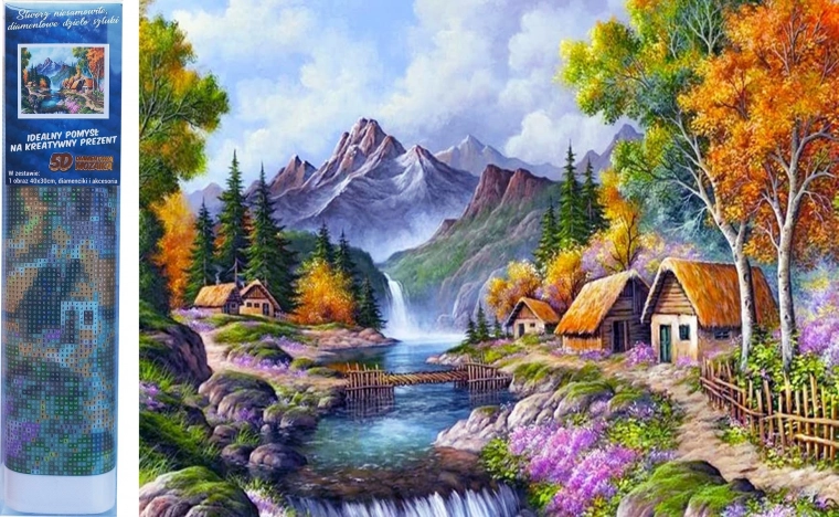 Dijamantno slikanje Koliba uz planinsku rijeku 30 × 40 cm
