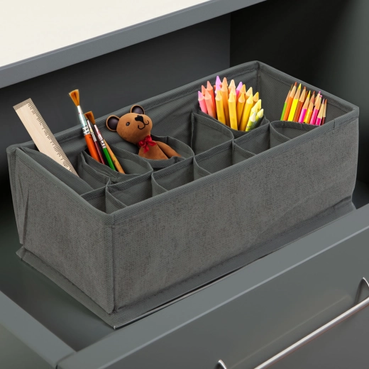 Textile Storage Box with 12 Pockets, Grey