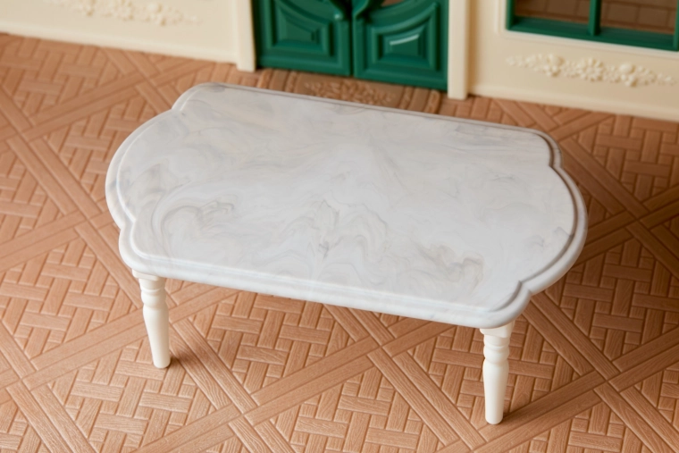 Marble design of the table and kitchen countertop