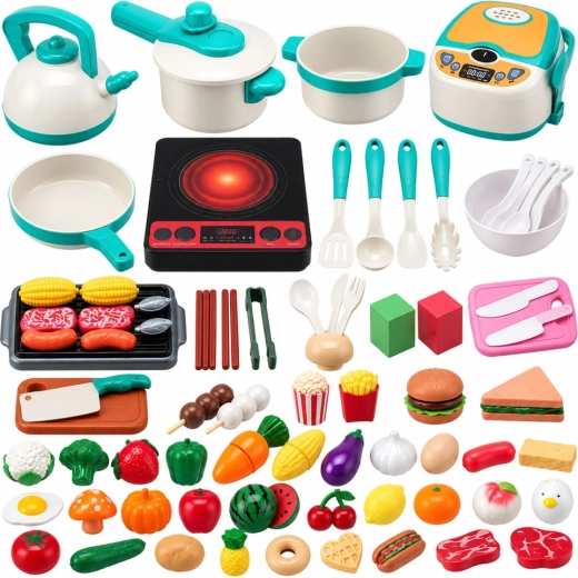 Children’s kitchen set with stove, cookware and food with sounds – 90 pieces
