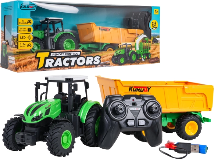 Traktor na daljinsko upravljanje sa žutom kiper-prikolicom, mjerilo 1:24