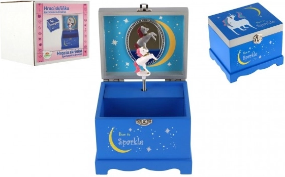Glazbena drvena škrinjica za nakit s jednorogom Born to Sparkle – plava
