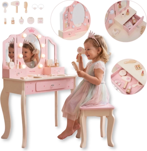 Dječji drveni toaletni stolić Milly Mally Queen Pink s LED ogledalom