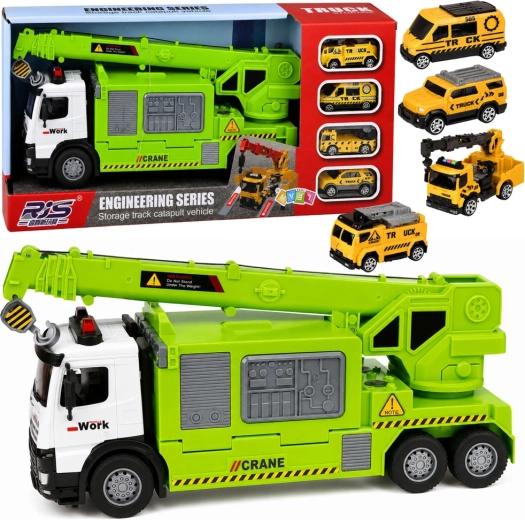 Zeleni dječji kamion s dizalicom i transporterom automobila, svjetla i zvukovi (4 vozila)