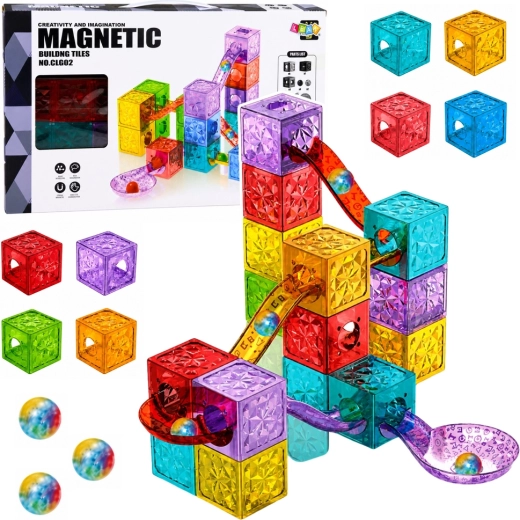 Magnetic building blocks – marble run, colorful transparent blocks (28 pieces)