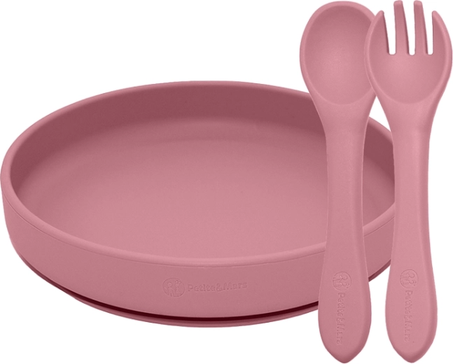 Silikonski set za hranjenje Petite&Mars Take&Match – tanjur s vakuumskom prijanjaljkom i pribor dusty rose (6m+)