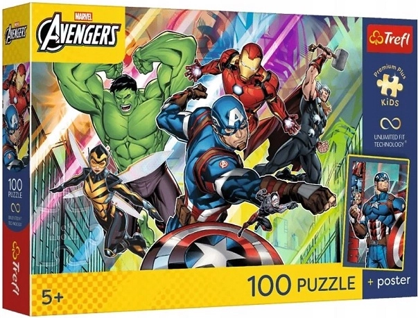 Trefl Marvel Avengers kids puzzle 100 pieces Power and Might with poster
