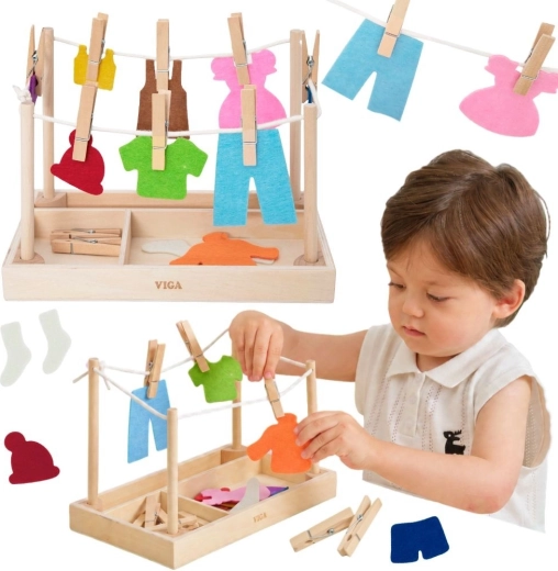 VIGA Wooden Clothes Hanging and Drying Set, 27 Pieces