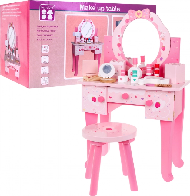 Drvena toaletka s taburetom za djevojčice Kućni salon ljepote Make-up + Pribor