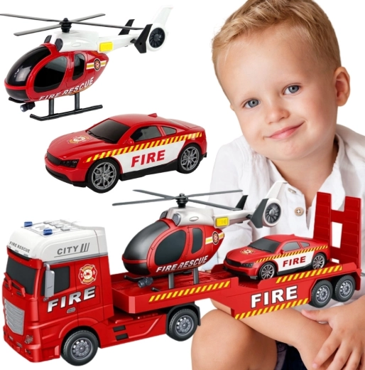 Woopie fire truck transporter with helicopter and car, with lights and sound