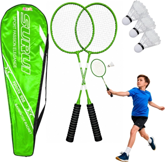 Zeleni badminton set: 2 reketa, 3 plastična loptice i torba