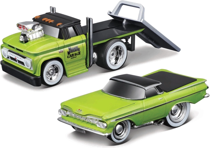 Maisto Muscle Transports 1966 Chevrolet C60 kamion s ravnom platformom s Chevrolet El Caminom 1:64