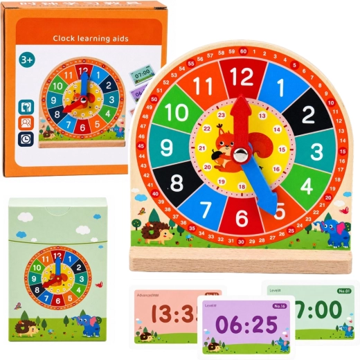 Wooden educational clock for learning time with movable hands and 55 cards