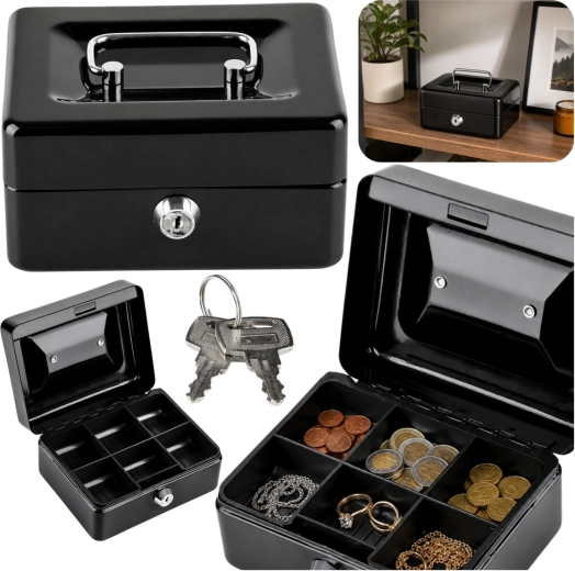Black metal cash box with lock 13 × 10 cm