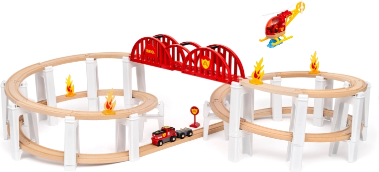 Brio World megaspirala – drvena željeznička pruga s mostom, vatrogasnim dodacima i helikopterom