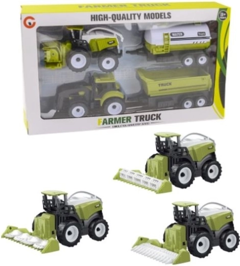 Set poljoprivrednih vozila: kombajn i traktor s prikolicama