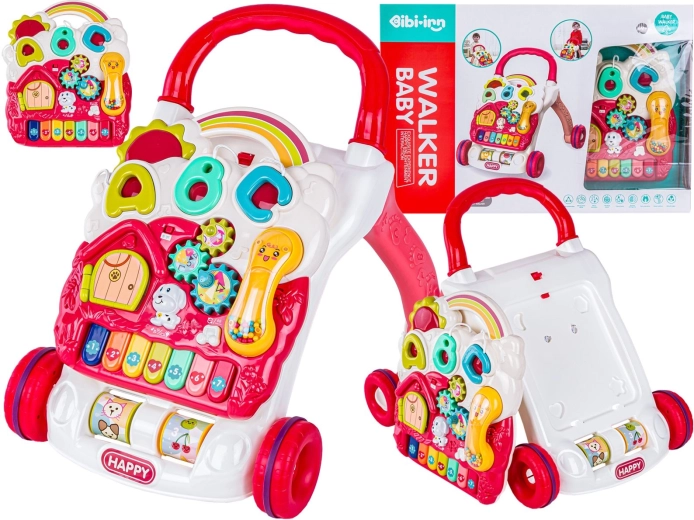 Educational baby walker with music panel, red