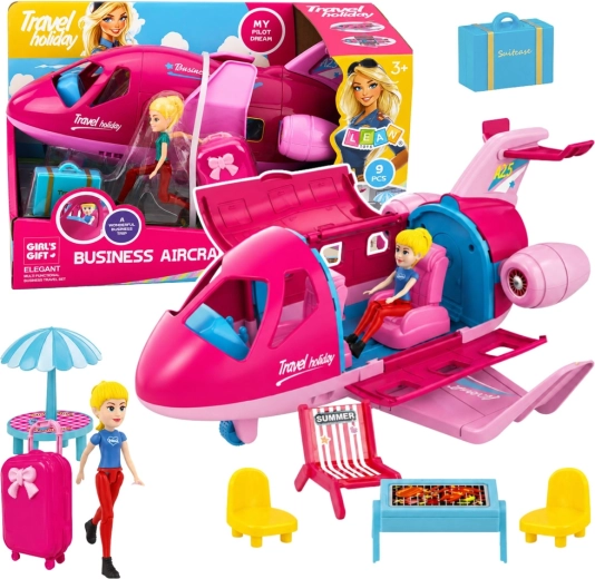 Foldable Doll Airplane – Travel Set with Accessories, 9 pcs, Pink