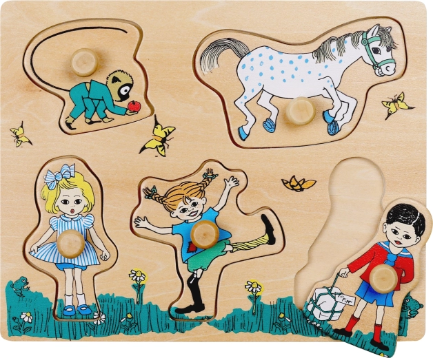 Drvene puzzle s ručkama i umetaljkom oblika Pipi Duga Čarapa
