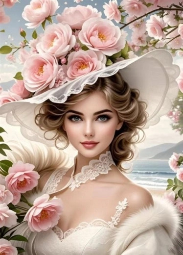 Dijamantno slikanje – djevojka s cvjetnim šeširom 30 × 40 cm