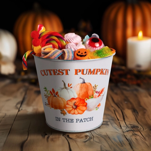 Autumn metal bucket with pumpkin motif
