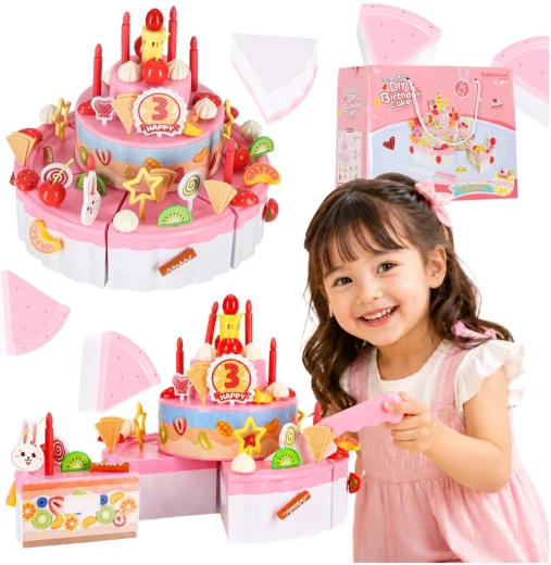 Three-tier birthday cake play set with Velcro cutting, lights and music (75 pieces), pink