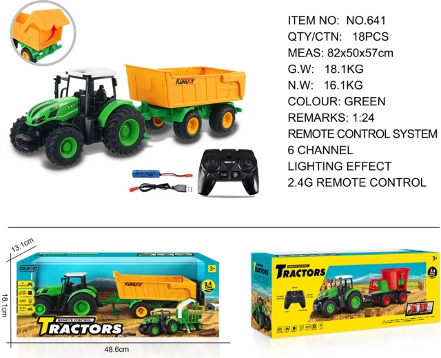 Daljinski upravljani traktor s otvarajućom žutom prikolicom 1:24