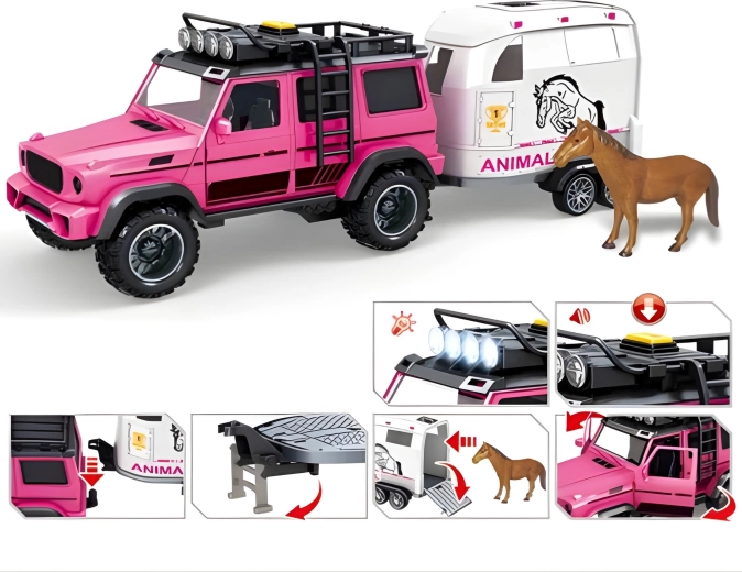 Vehicle, trailer, and horse figurine in one set