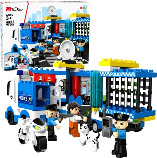 Police building set: police station with truck and motorcycle (91 pieces)