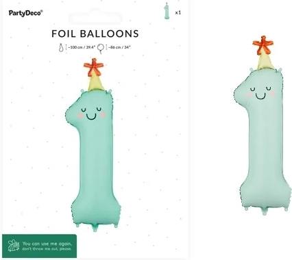 Folijski balon broj 1, mat mint s licem, 86 cm