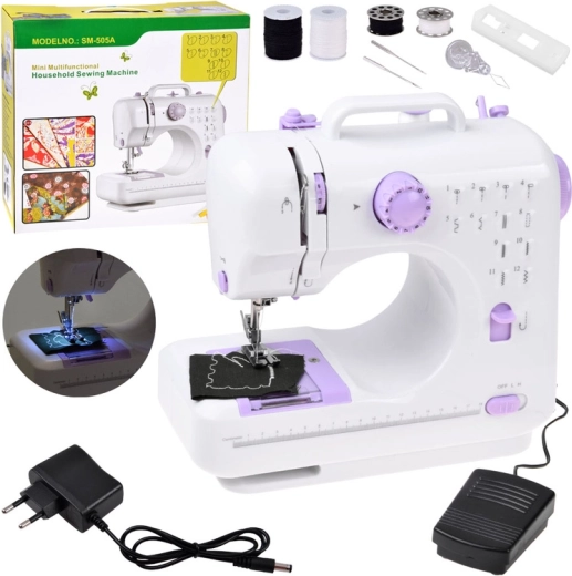 Mini sewing machine for children and beginners, 12 stitches, foot pedal, LED