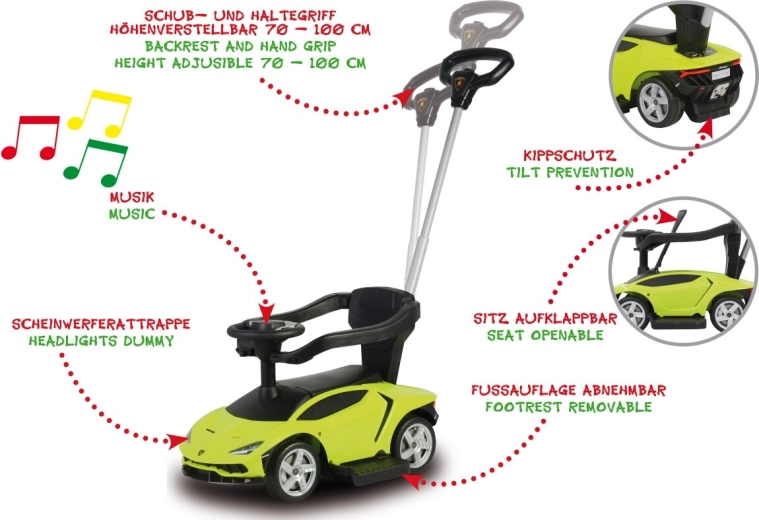JAMARA Lamborghini Centenario 3-in-1 Ride-On and Push Car with Steering Push Handle, Green