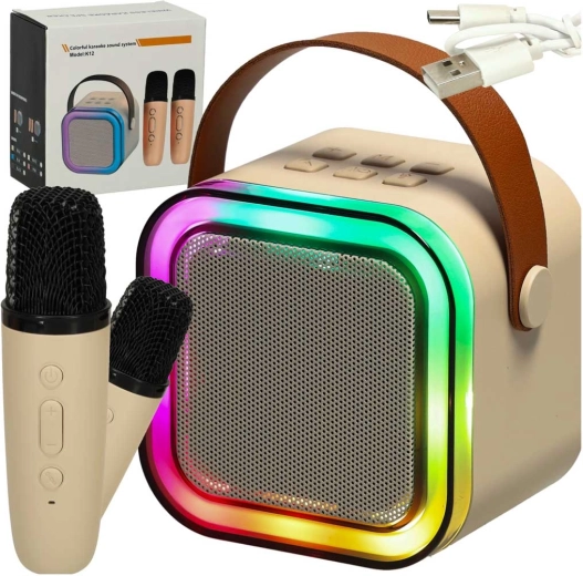 Karaoke set s Bluetooth zvučnikom, 2 mikrofona i LED pozadinskim osvjetljenjem 6 W – bež