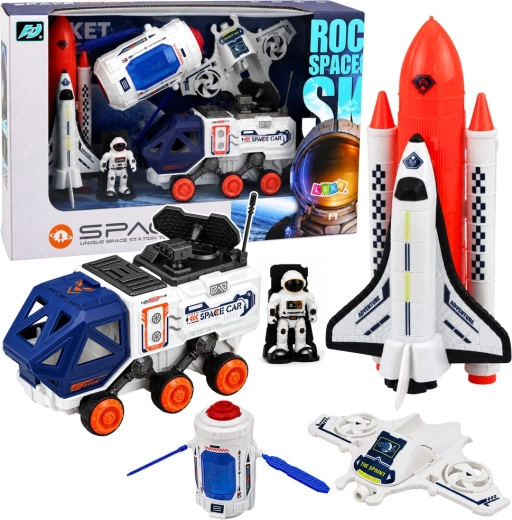 Svemirski set s raketom, svemirskim shuttleom, satelitom, dronom, astronautom i vozilom