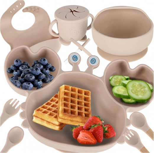 Silicone Kids Dining Set, Crab, 9 Pieces, Beige