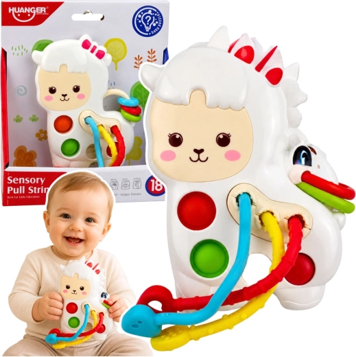 Senzorička igračka za bebe – lama s vrpcama za provlačenje i pop-it tipkama